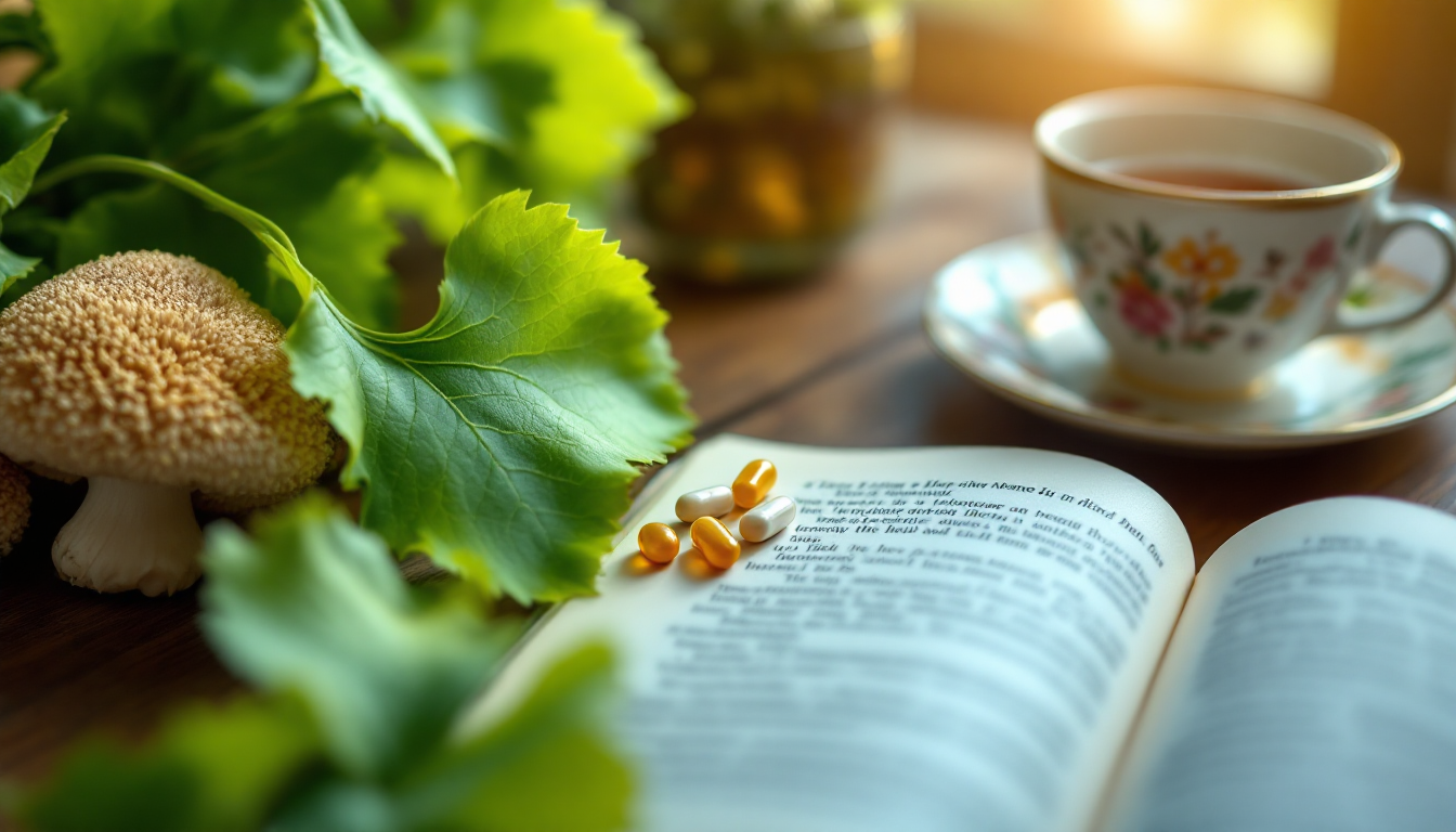 A desk with herbal supplements, a notebook, and morning light
